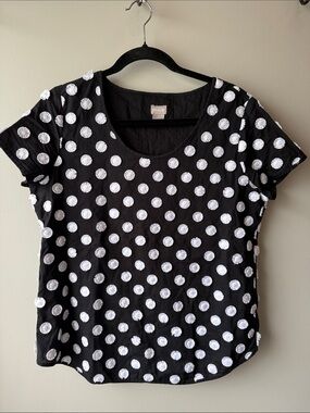 Chico's Black and White Embroidered Short Sleeve Polka Dot Top cotton lined